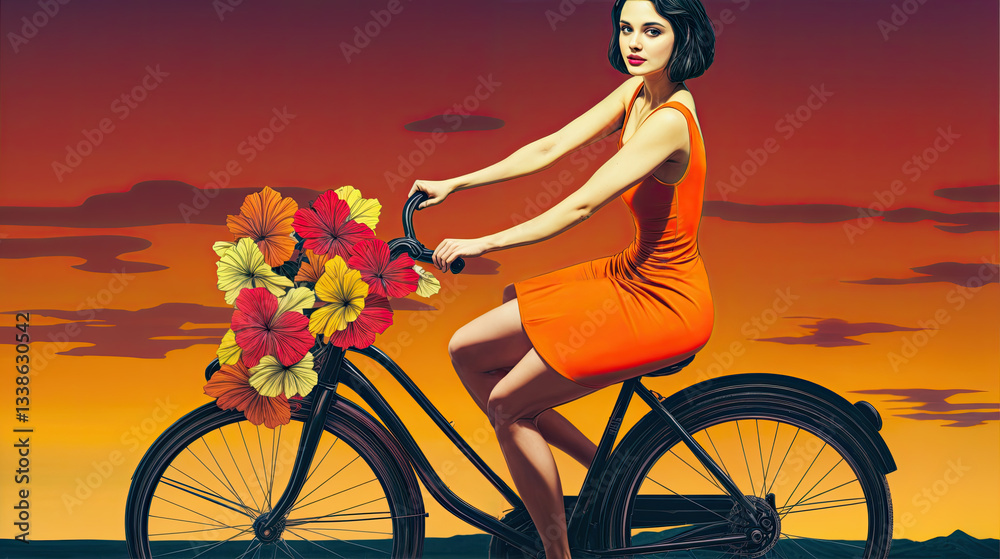 A woman in an orange dress rides a bicycle adorned with vibrant flowers, enjoying the sunset.