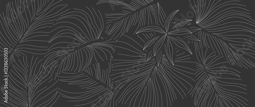 Botanical line art background vector. Natural botanical elegant with white line art on gray background. Design illustration for decoration, wall decor, wallpaper, cover, banner, card.