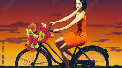 Obraz na płótnie A woman in an orange dress rides a bicycle adorned with vibrant flowers, enjoying the sunset. w salonie