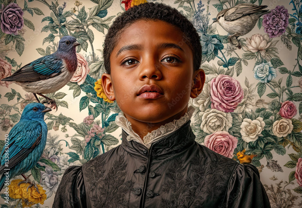 A young person, surrounded by vibrant birds and blossoms, exudes a sense of peace and tranquility.