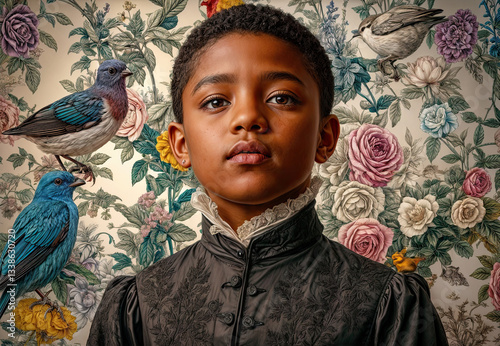 A young person, surrounded by vibrant birds and blossoms, exudes a sense of peace and tranquility.