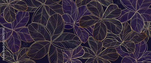 Luxury botanical line art background vector. Natural botanical elegant with gold line art on navy blue background. Design illustration for decoration, wall decor, wallpaper, cover, banner, card.