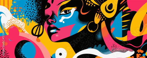 Vibrant abstract portrait of woman with bold colors and intricate patterns.