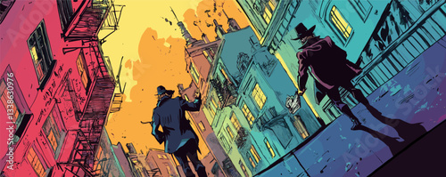 Dramatic western standoff in a vibrant cityscape at sunset.