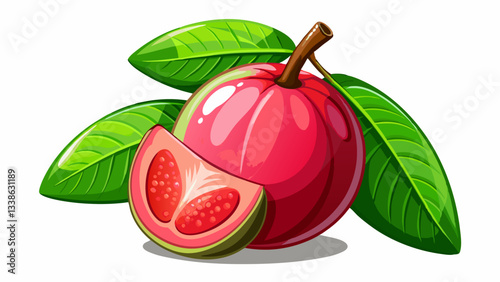 Fresh guava fruit with vibrant red flesh and green leaves on a clean white background, red guava fruit with leaf isolated on