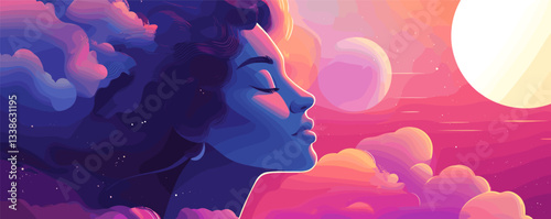 Woman's serene profile against a vibrant sunset with dreamy clouds and planets.