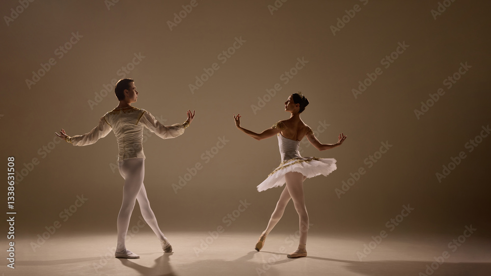 Obraz premium Dancers move in seamless harmony, bodies aligned in perfect rhythm, golden light highlighting soft tutus and graceful lines. Concept of balance, expression, movement, poise, classical art.