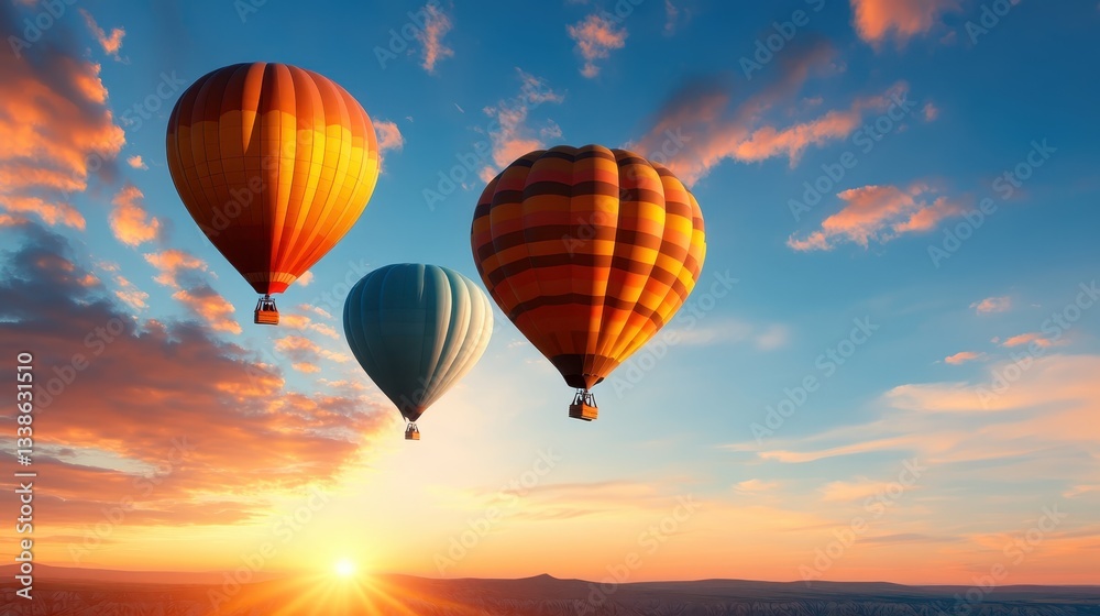 Experience the thrill of three colorful hot air balloons gracefully ascending at dawn, capturing the essence of adventure, exploration, and the beauty of nature. Experience the thrill of three colorful hot air balloons gracefully ascending at dawn, capturing the essence of adventure, exploration, and the beauty of nature.