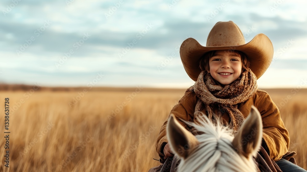 Obraz premium A joyful child riding a horse in a vast open field, wearing a cowboy hat and scarf, embodying the spirit of adventure and the essence of country life in nature's beauty.