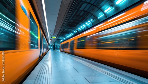 A photograph of two orange subway trains in motion, passing each other at high speed.