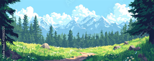 Scenic mountain landscape with green meadow and pine trees under a blue sky.