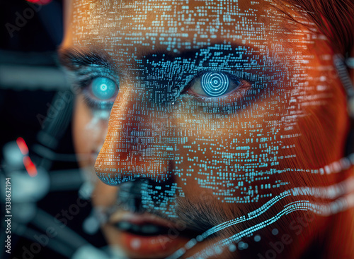Obraz na płótnie Close-up view of a person's face overlaid with digital code, highlighting the intersection of technology and humanity. w salonie