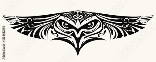 Intricate tribal owl tattoo design with symmetrical patterns and bold black lines.
