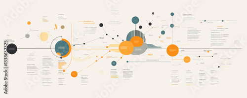Abstract data visualization with colorful circular nodes and connecting lines on light background.