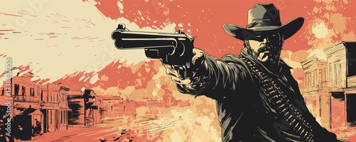 Cowboy in wild west town with pistol and hat in intense vintage scene.