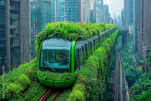 Green train travels through urban jungle in a modern cityscape filled with vegetation and skyscrapers