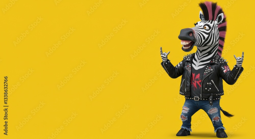 Punk zebra character in leather jacket on vibrant yellow background
