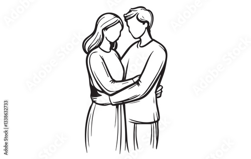 Couple hugs line continuous drawn. Hand hold two hearts in line style