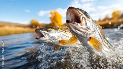 Two lively fish leap out of the clear water, creating a splash, showcasing the vibrancy and energy of aquatic life against a backdrop of serene autumn scenery.