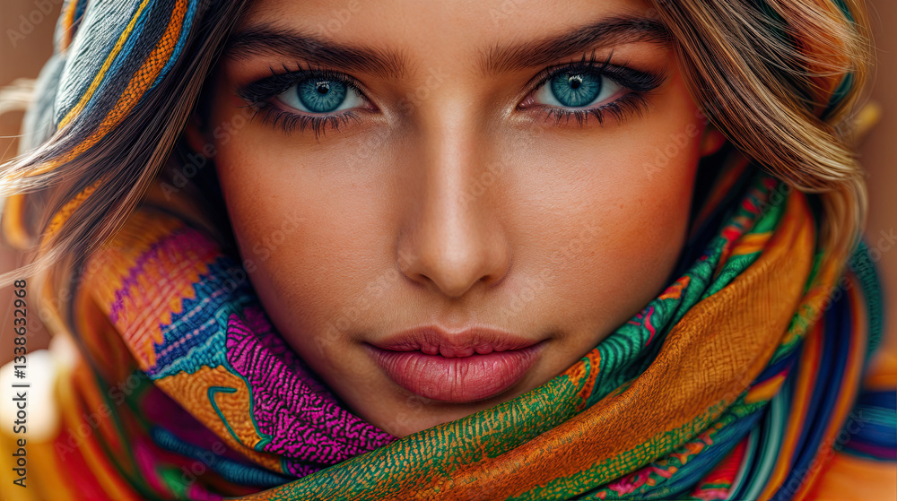 A woman's face, detailed with expressive eyes and full lips, framed by a colorful patterned headscarf.