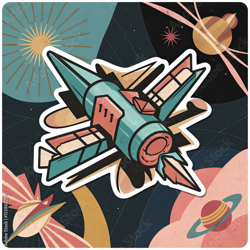 Obraz na płótnie a stylized, retro space-themed illustration featuring a spacecraft in the center, surrounded by various celestial bodies, such as planets and suns. The spacecraft is depicted with a vintage aesthetic, w salonie
