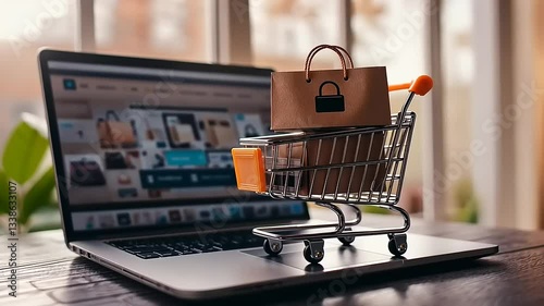 Wallpaper Mural Online shopping experience with a shopping cart and bag placed on a laptop, showcasing products Torontodigital.ca