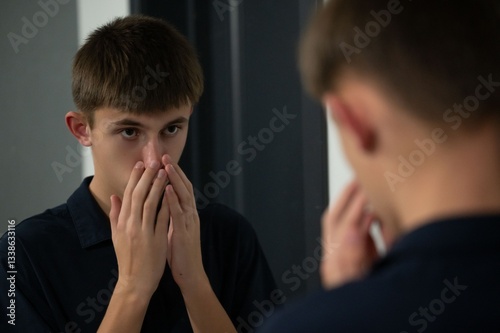 Reflective moment in a quiet space where a young person engages in deep self-reflection while observing their expression in the mirror after a long day