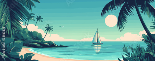 Serene tropical beach with sailboat under sunny sky and palm trees at sunset.