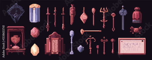 Pixel art collection of medieval weapons and artifacts set on dark background.