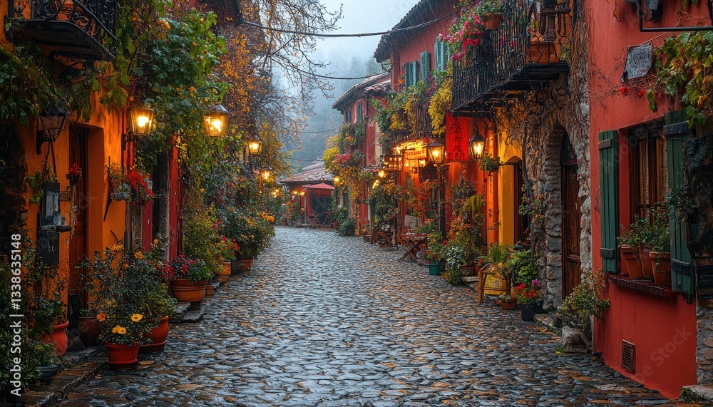 Fototapeta premium A picturesque cobblestone street with buildings and vibrant floral decorations