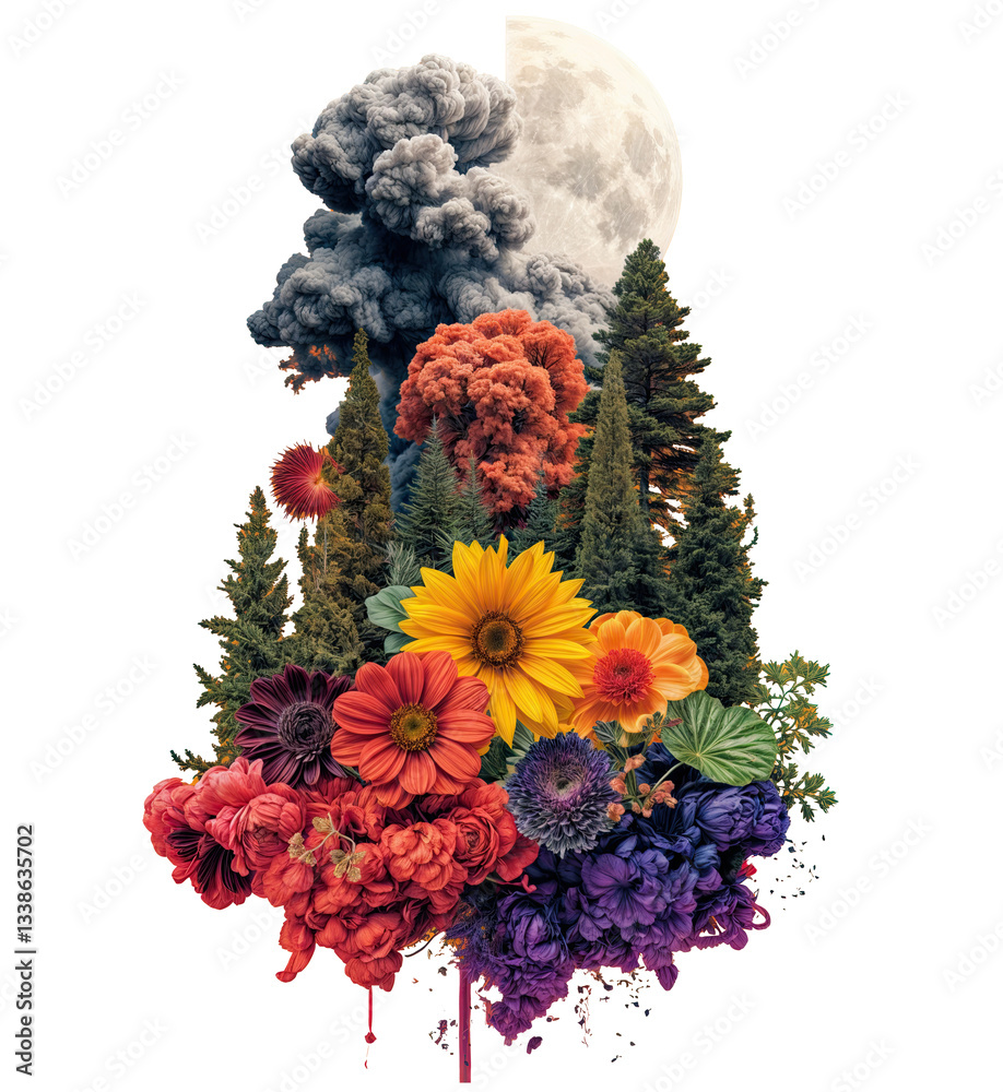 a surreal landscape with vibrant flowers and trees, a full moon, and billowing dark smoke. The scene combines elements of nature and human activity, creating a striking contrast.
