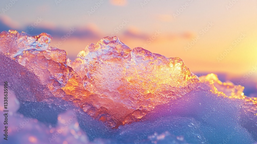 Fototapeta premium Ice Crystals at Sunrise: A captivating scene of ice crystals reflecting the soft light of dawn, casting a beautiful glow over the icy landscape, offering a glimpse into nature's delicate artistry.