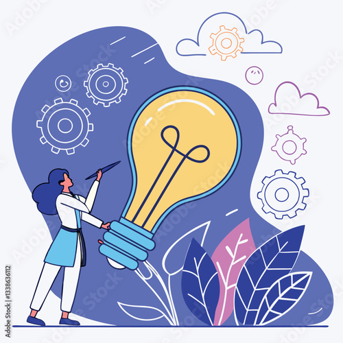  A conceptual illustration depicts an individual reaching towards a radiant light bulb, symbolizing a moment of inspiration and creativity and idea 	