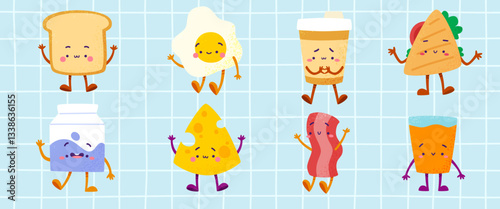 Drawn set of breakfast food characters. Cute vector textured collection of morning food.