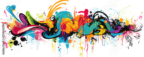 Colorful abstract graffiti art with vibrant paint splatters and dynamic fluid shapes.
