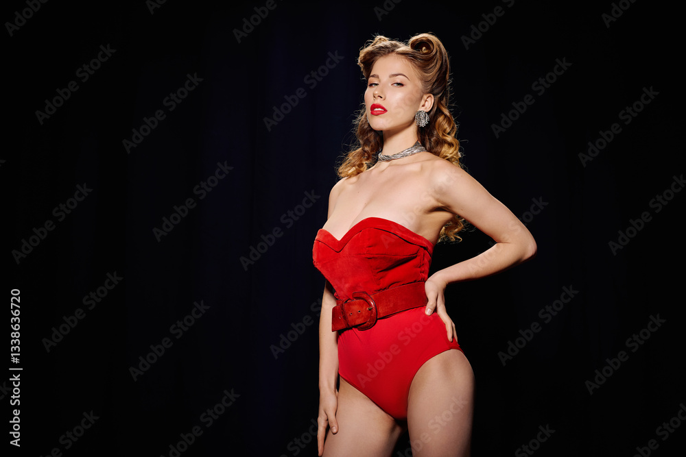 Fototapeta premium Chic young woman showcasing a stylish red ensemble in a modern fashion setting