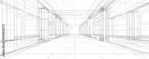 Abstract architectural wireframe of modern building corridor with geometric lines and structural columns.