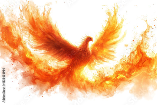 Majestic phoenix rising from flames in a vibrant display of fire and color