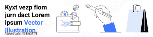 Digital wallet with coins, hand writing with pen, and shopping bag. Ideal for e-commerce, finance, creativity, digital payments, online shopping, writing and simple landing page