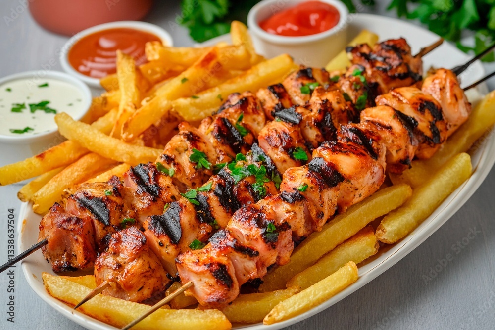 Delicious grilled chicken skewers are plated alongside crispy golden fries and various dipping sauces, showcasing a tempting meal at a relaxed restaurant Delicious grilled chicken skewers are plated alongside crispy golden fries and various dipping sauces, showcasing a tempting meal at a relaxed restaurant