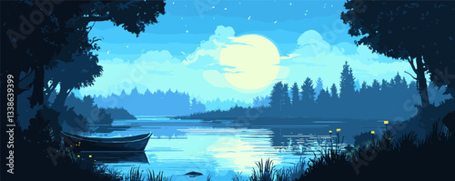 Tranquil moonlit lake scene with boat and forest silhouette in blue hues.