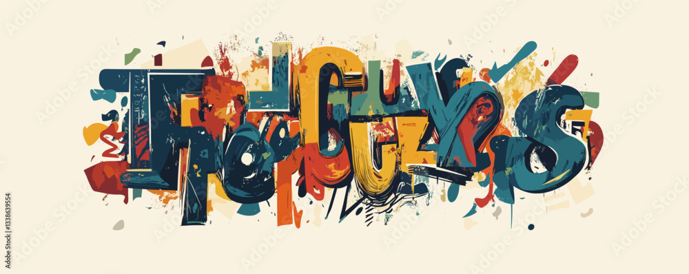 Fototapeta premium Colorful abstract typography with bold letters and splashing paint strokes.