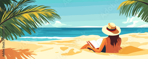 Woman relaxing on tropical beach reading book under palm trees.