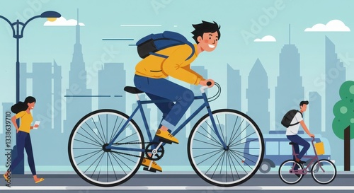Young asian male cycling in urban city with female pedestrian and male cyclist