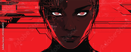 Futuristic female cyborg portrait with intricate digital circuitry on red background.