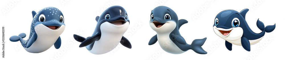 Obraz premium Set of cheerful cartoon dolphins swimming, playing in bright ocean water, isolated on transparent background, Cutout PNG