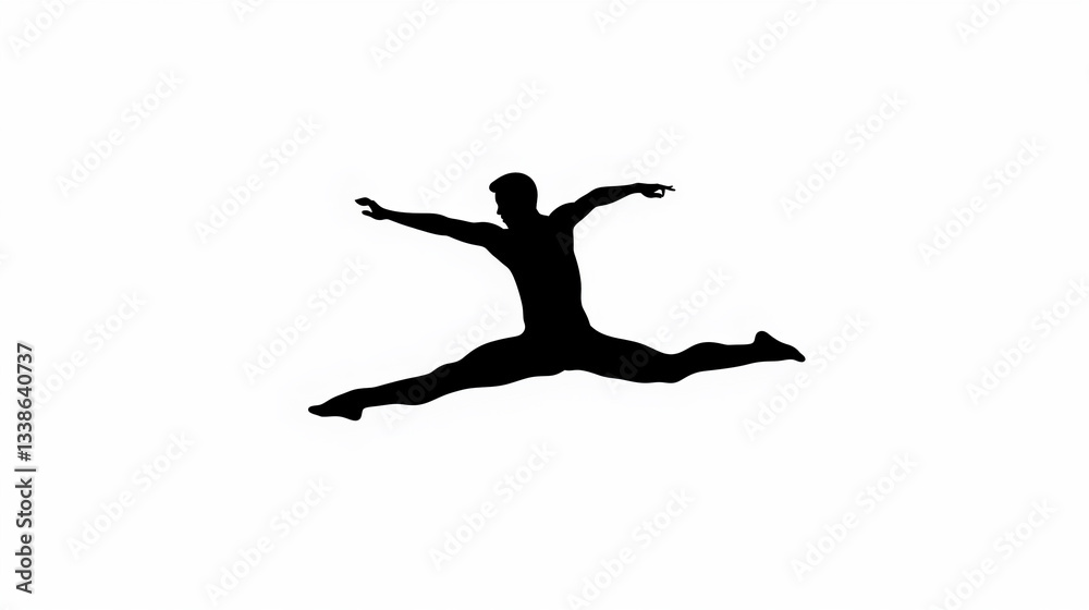 Silhouette of a dancer in a mid-air split leap. Silhouette of a dancer in a mid-air split leap.