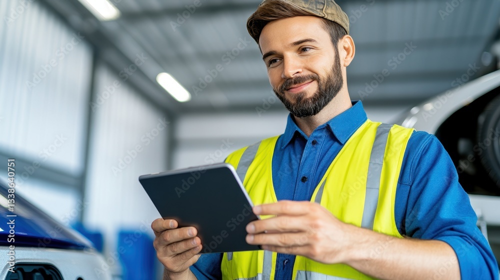 Professional With Tablet Overseeing Car Maintenance Task Professional With Tablet Overseeing Car Maintenance Task