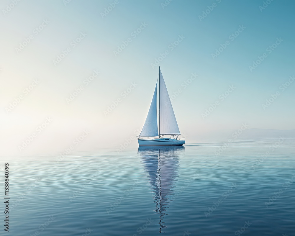 Fototapeta premium Tranquil Sailboat on Serene Water Under Blue Sky at Sunrise