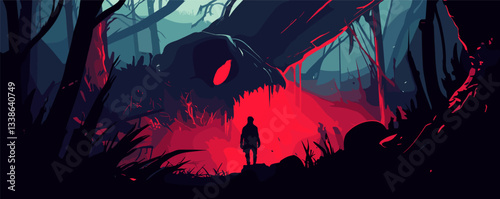 Mysterious forest with giant red-eyed creature and silhouetted figures.